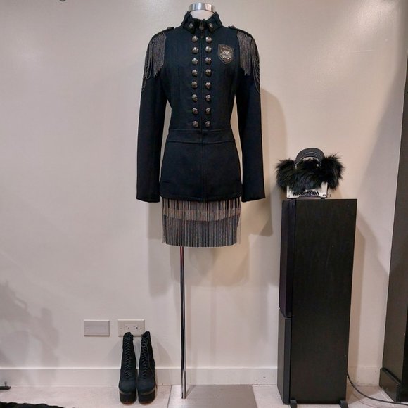 💥KILLER DESIGN💥Vintage Steampunk Chain Shoulder Military Wool Coat in Black - Picture 6 of 16